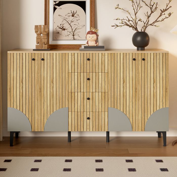 Buffet de rangement 4 portes 4 tiroirs EVRYAE 160 x 36 x 94 cm effet bois pour salon salle à manger
