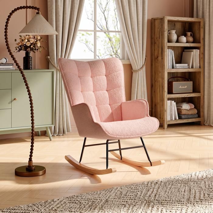 Fauteuil à bascule fauteuil dallaitement à bascule avec structure en métal et base en bois Teddy velvet Rose 75 x 68 x 92 cm