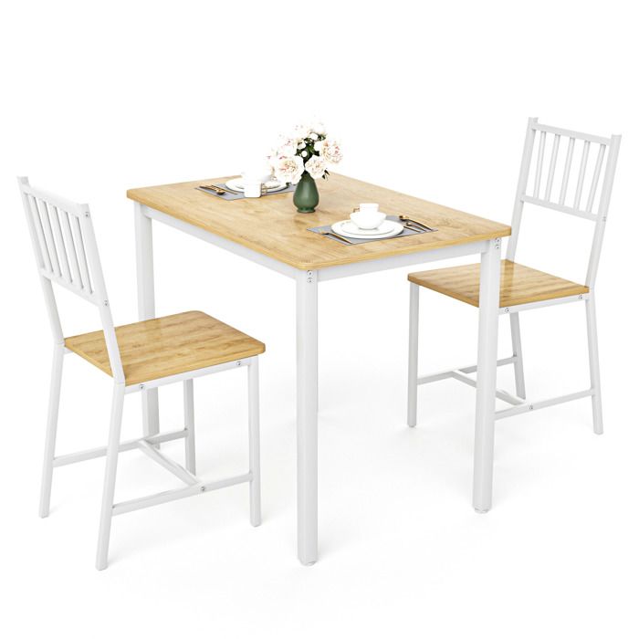 Table haute de bar 2 personnes 1 table + 2 tabourets 90x60 cm MDF naturel et blanc