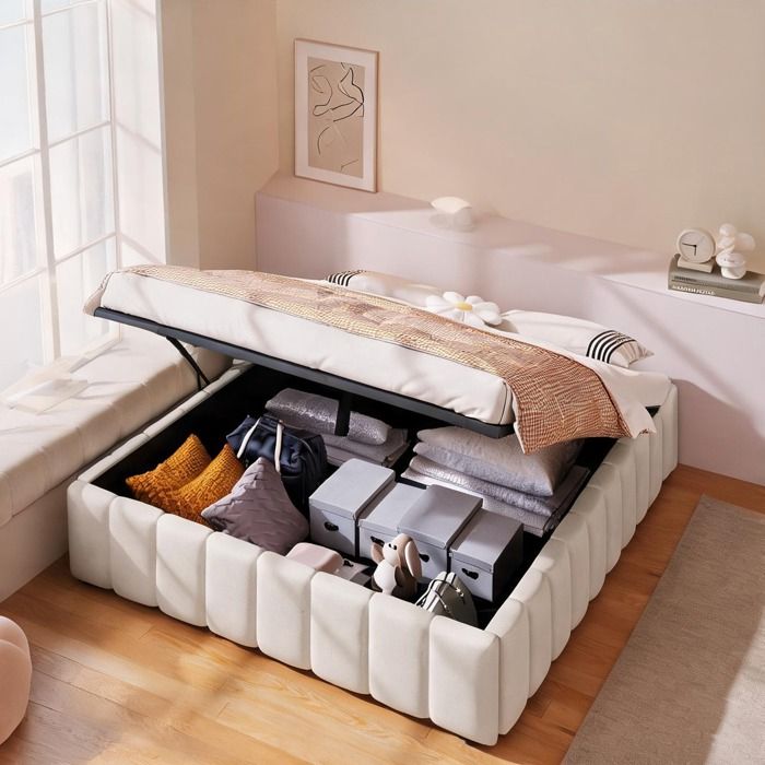 Sommier tapissier beige lin 140x200 cm avec rangement hydraulique et lattes