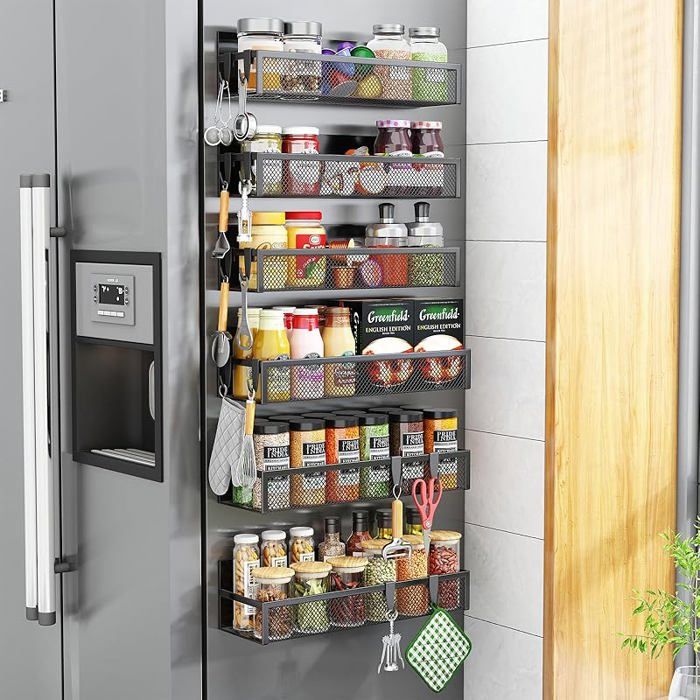 Porte-épices magnétique pour réfrigérateur - Lot de 6 étagères magnétiques organisateur frigo avec 12 crochets 6 P MEUBLE A EPICES