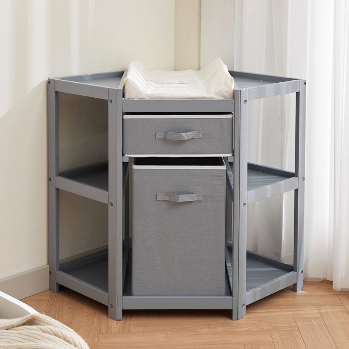 Table à langer bébé moderne bois coin rangement Tiroirs en tissu panier linge matelas imperméable gain de place Gris