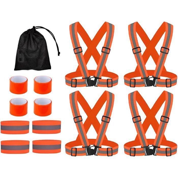 Gilet Réfléchissant Vélo 4PCS + Bracelet Réfléchissant Réglable 4PCS + Brassard Réfléchissant 4PCS Harnais de Sé GILET DE SECURITE