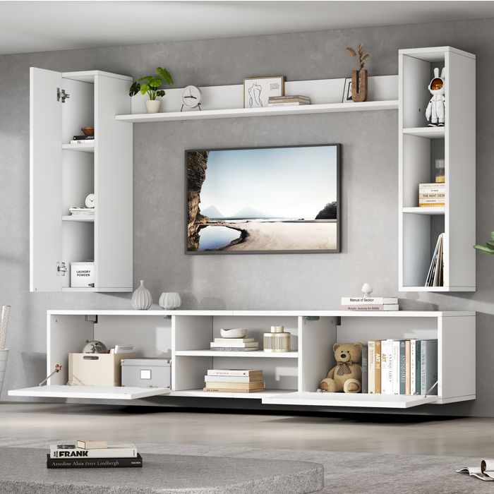 Ensemble mural TV 4 pièces blanc 180 cm avec meuble TV 2 meubles muraux et étagère murale