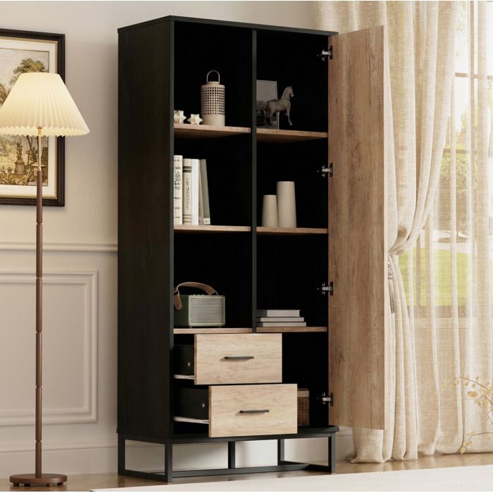 ROVRYN Armoire haute de rangement 80 x 40 x 180 cm 1 porte 2 tiroirs 3 niches ouvertes MDF noir et décor bois