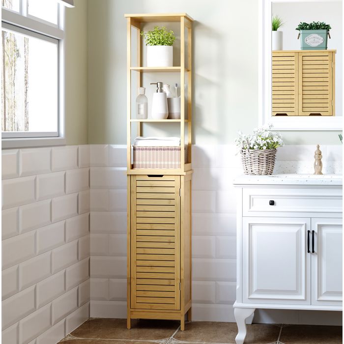 Colonne de salle de bain en bambou 34 x 30 x 173 cm 3 étagères ouvertes 1 meuble fermé autoportante