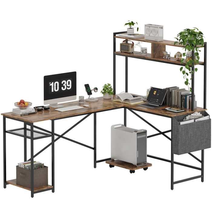 Bureau dAngle L Bois Vintage 170cm Support Double Écran Support Tour PC Roulettes Poche Tissu Rangement Gaming/Télétravail