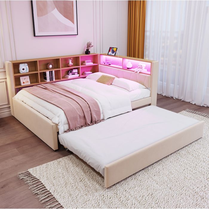 Lit Combiné 2 Places avec lit Gigogne LED USB Type-C et Prise 140 × 200 cm et 90 × 190 cm sans Matelas