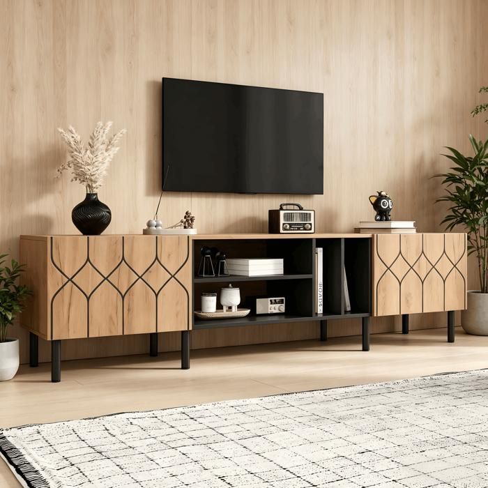 Meuble TV bas 180 x 40 x 50 cm pour TV 70 pouces 2 portes 4 niches ouvertes panneaux de particules effet bois naturel et Noir