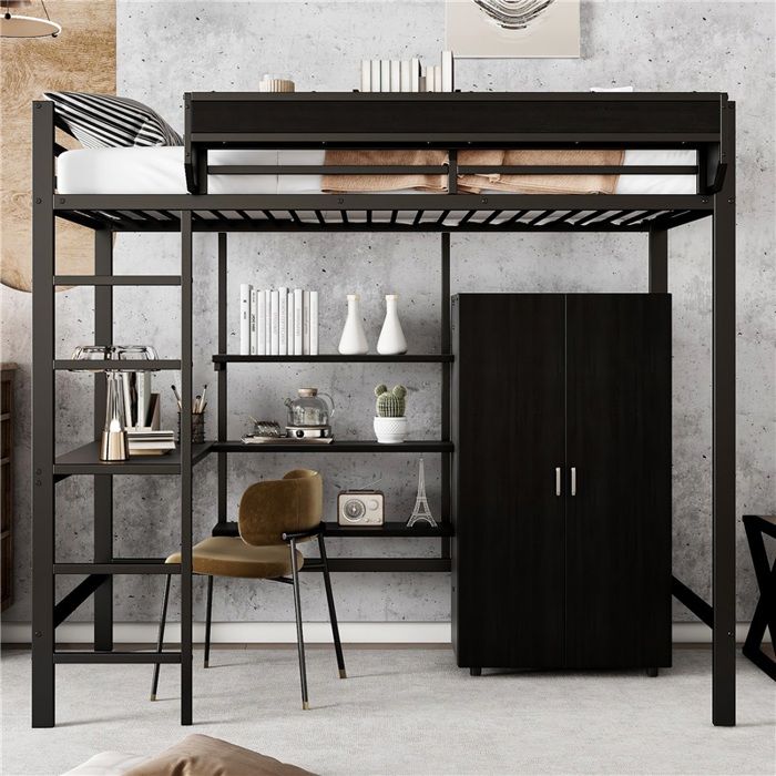 Lit superposé noir 90x200cm avec bureau et armoire nombreux rangements structure fer+panneaux pour ado ou chambre partagée