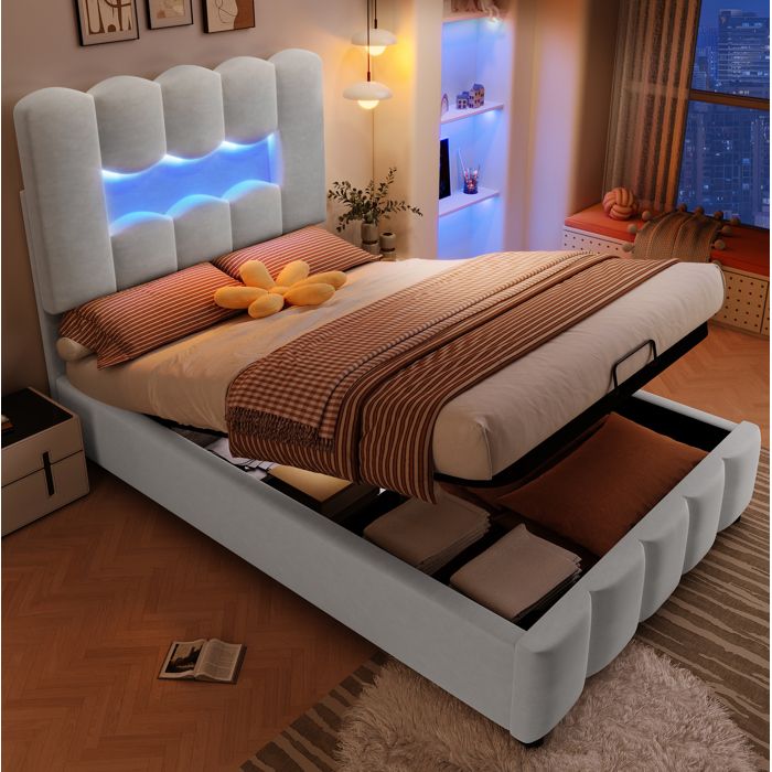 Lit capitonné 1 place 90 x 200 cm - Velours gris - LED - coffre de rangement hydraulique - tête de lit réglable - sans matelas