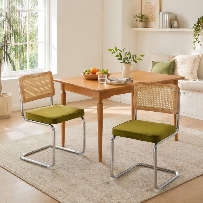 Chaise de salle à manger - ZEVKOR - Cantilever - Velours - Dossier rotin naturel - Vert olive