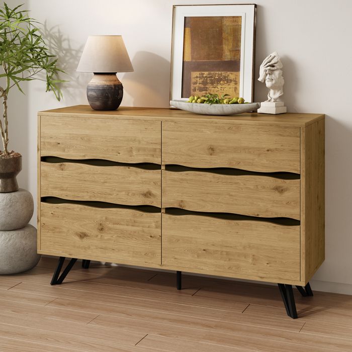 Buffet bas - ZEVKOR - 120 x 40 x 75 5 cm - 6 tiroirs - Façades ondulées - Pieds métal noir