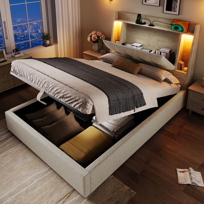 Lit rembourré 90x200 cm Beige Lin avec ports USB Type C rangement coffre LED éclairage sans matelas Lit rembourré 90x200 cm Beige Lin avec ports USB Type C rangement coffre LED éclairage sans matelas