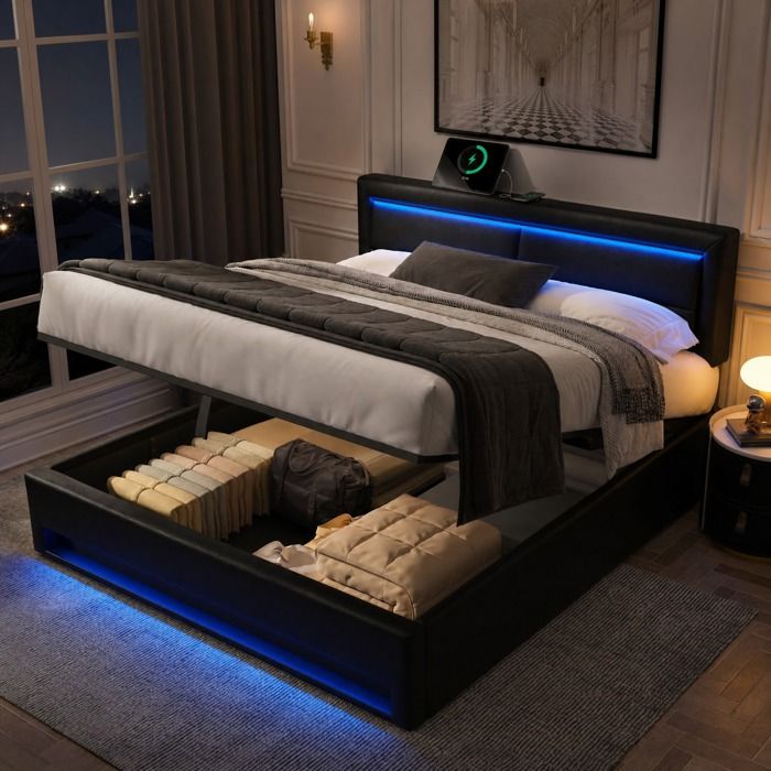 Lit rembourré noir 140 x 190 cm USB LED coffre de rangement sommier à lattes stable PU sans matelas