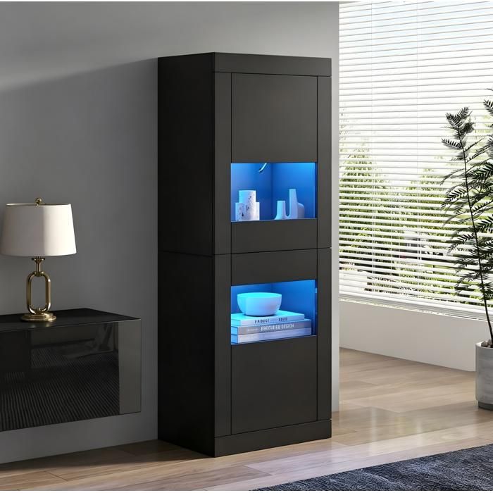 Vitrine noire 61 x 42 x 162 cm LED USB 2 portes 3 étagères réglables panneaux de particules acrylique verre trempé