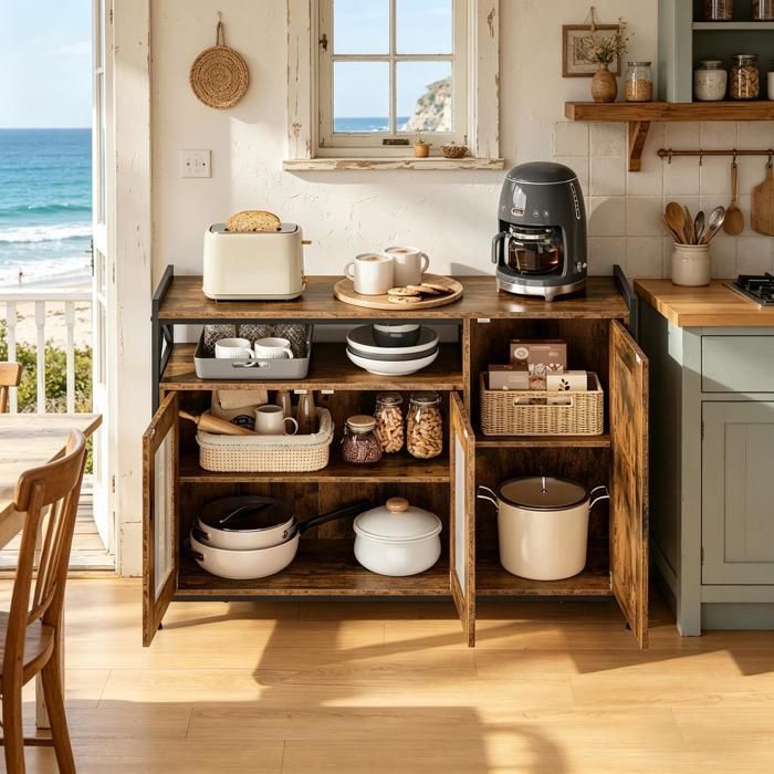 Buffet de cuisine style industriel meuble de rangement avec compartiment ouvert (buffet uniquement) Buffet de cuisine style industriel meuble de rangement avec compartiment ouvert (buffet uniquement)