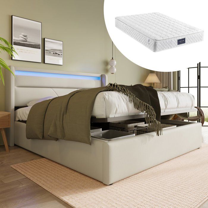 Lit coffre double 140x200 cm avec matelas rangement hydraulique LED blanc