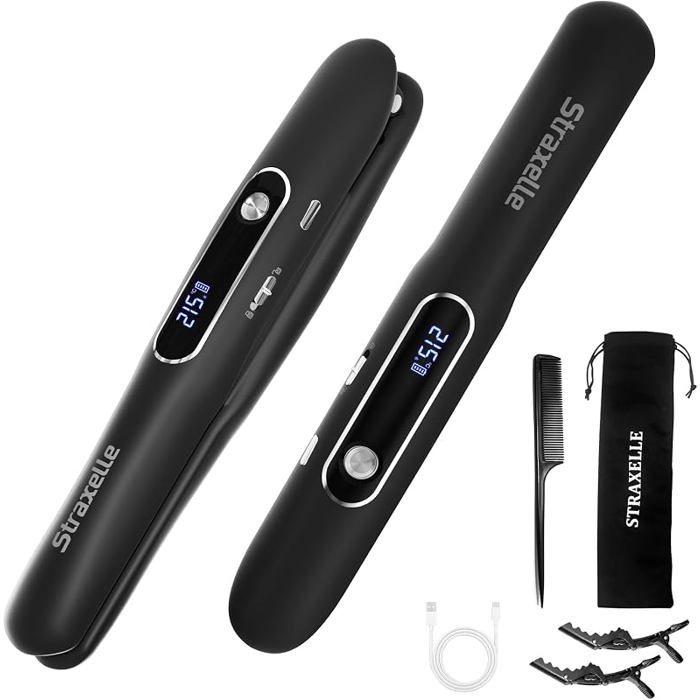 2 en 1 Lisseur Sans Fil de Voyage 175°C 215°C pour Femmes et Hommes Fer à Lisser et Boucleur Sans Fil 5000mAh Noir noir LISSEUR