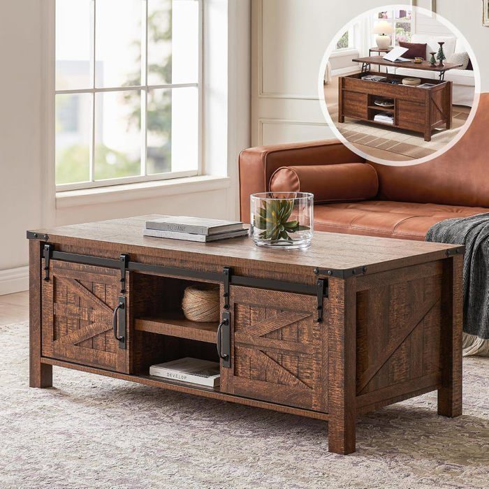 Table basse relevable 48 pouces style Farmhouse，porte coulissante grange，rangement caché，étagère réglable Bois Récupéré
