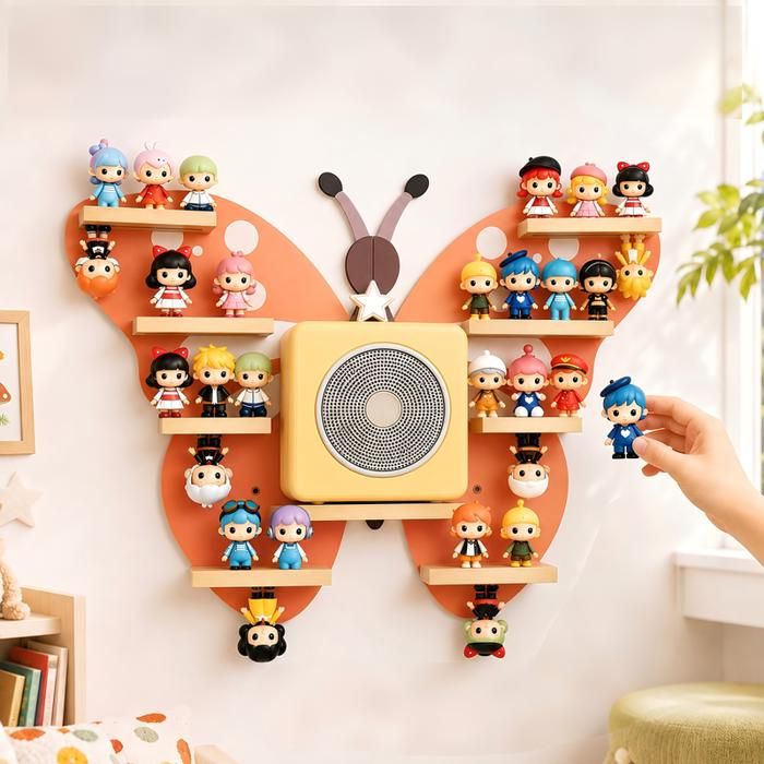 Étagère Murale Tonies en Bois Design Papillon Magnétique pour 30-40 Figurines et Toniebox Rangement Décoratif et Support