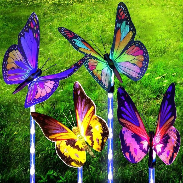 Lot de 4 lampes solaires de jardin avec papillons en fibre optique IP65 colorées