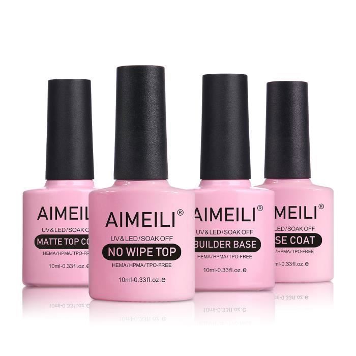 AIMEILI No Wipe Top Coat et Base Coat, Matte Top Coat, Builder Base Vernis à Ongles Semi-Permanent Mat et Brillante 4X10ml Nail Kit