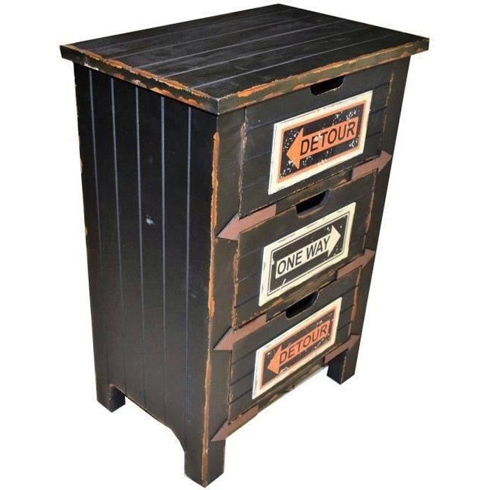 Meuble de rangement 3 tiroirs Vintage - MARQUE - Modèle - Style Vintage - Couleur Noir - Finition Aspect bois