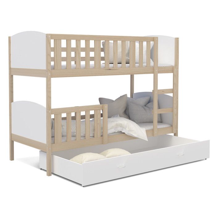 Lit Superposé Tomy 90x190 PIN Pin - blanc Livré avec sommiers, tiroir et matelas en mousse de 7cm 90 x 190 cm Pin - Blanc