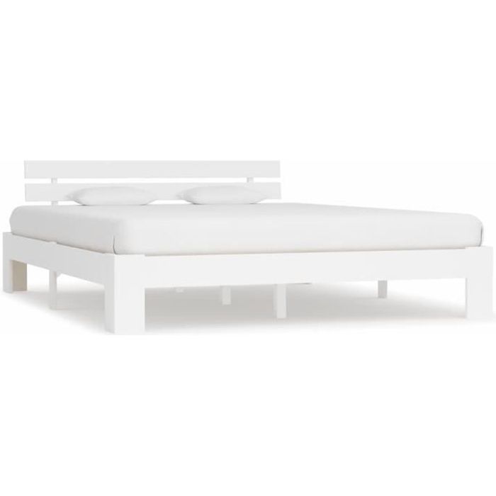 Lit Double - Bois de pin massif - Blanc - 160 x 200 cm