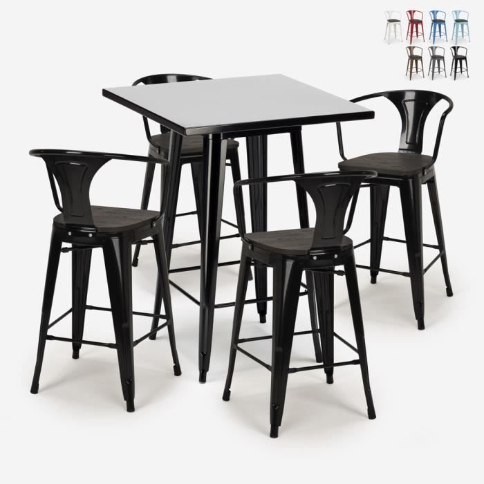 ensemble table haute noire 60x60cm 4 tabourets bois métal tolix bucket wood black - couleur:noir