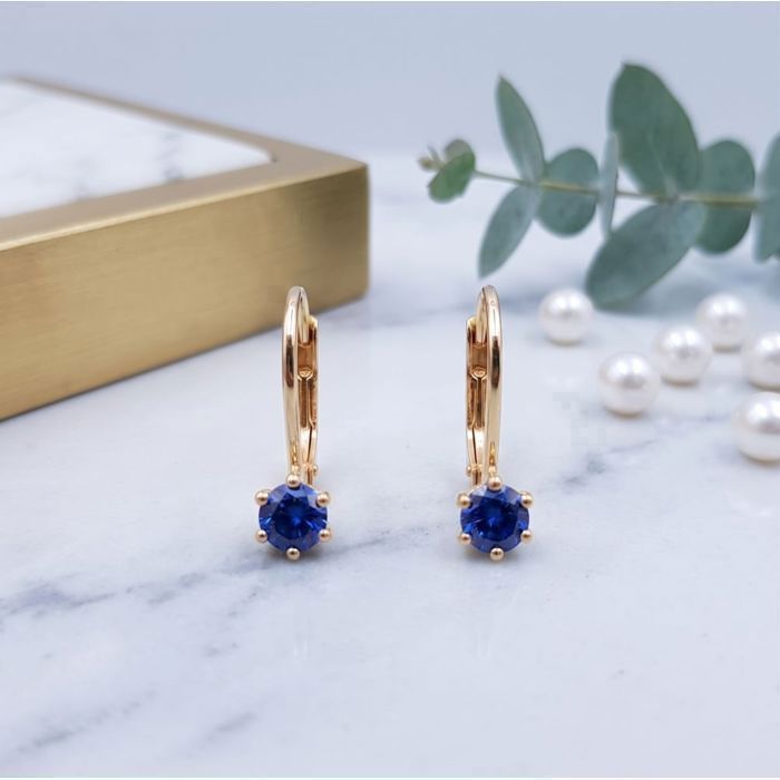 Boucles dOreilles - Dormeuses - Solitaires - Zircon - Bleu Saphir - Plaqué Or Jaune 750/1000 - Femme/Enfant
