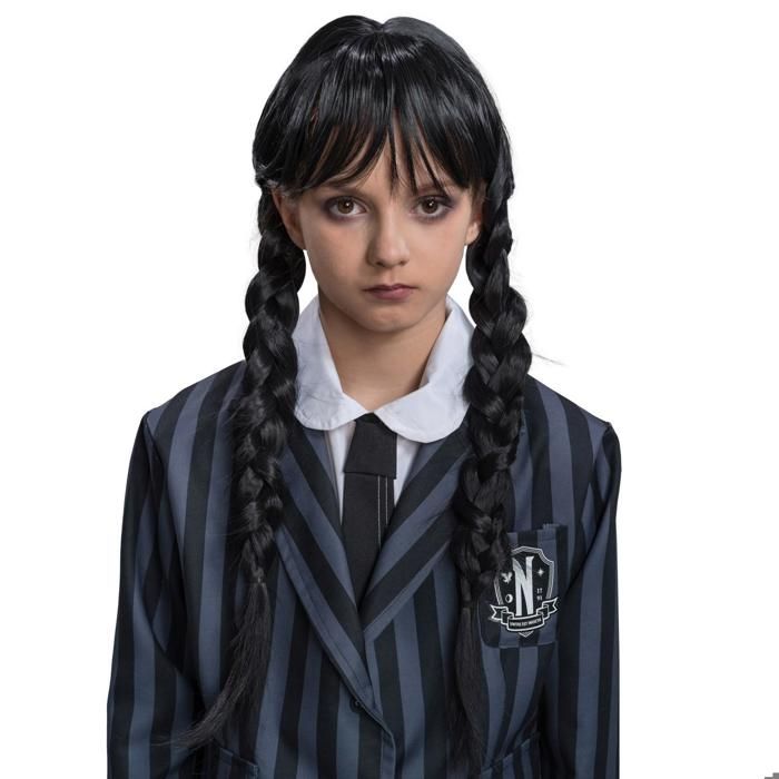 Perruque Mercredi Addams Avec Frange - Longues Tresses Noires Doubles Pour Femmes Et Filles, Cosplay Halloween