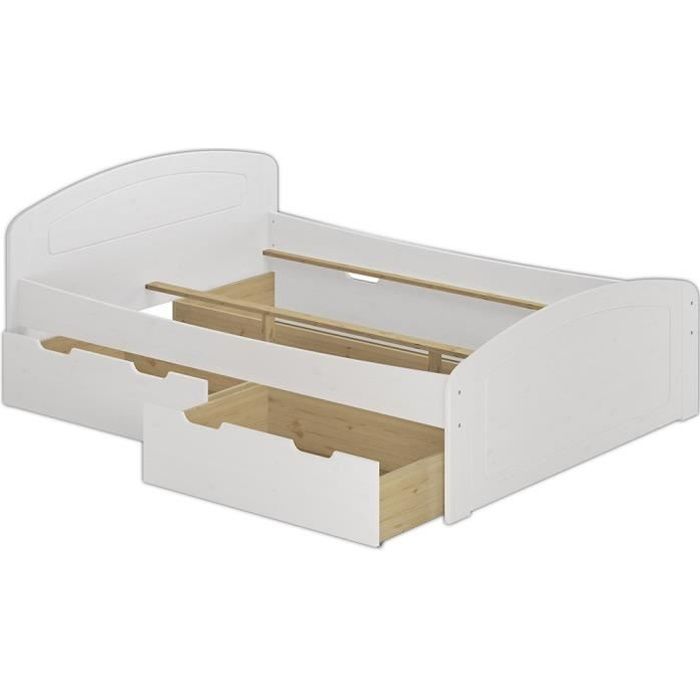 cadre de lit adulte extra haut en pin massif blanc 160x200 avec 3 tiroirs - erst-holz