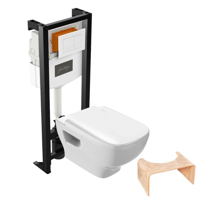 Pack WC suspendu sans bride JACOB DELAFON Struktura + abattant + bâti-support autoportant + plaque blanche + tabouret bois Pack WC suspendu sans bride JACOB DELAFON Struktura + abattant + bâti-support autoportant + plaque blanche + tabouret bois