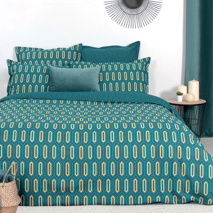 Parure de lit 240x220 cm percale de coton PAST Bleu Canard
