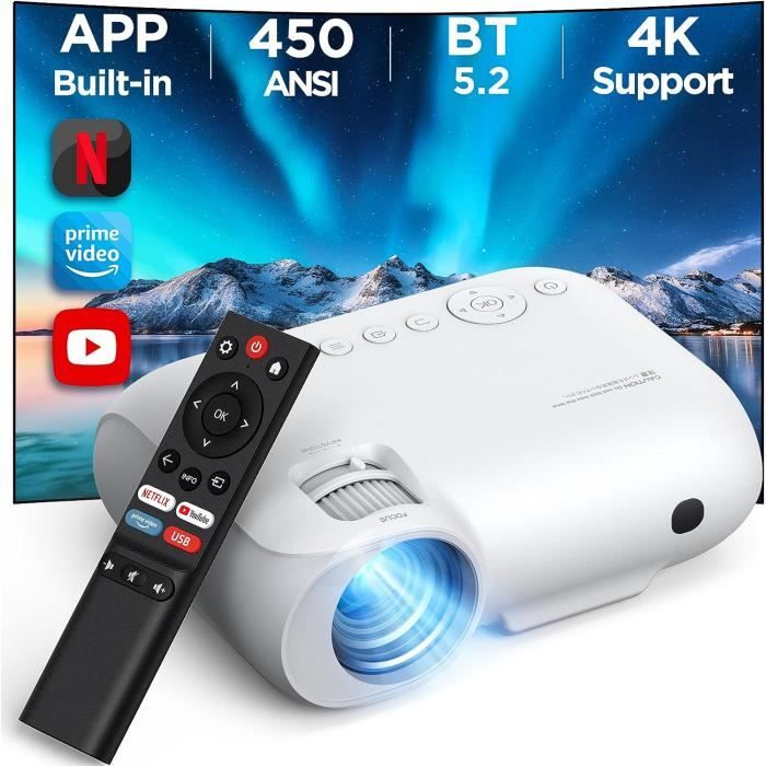 Projecteur WiFi Bluetooth, 450 ANSI lumens, Dual Bluetooth Projecteur,  Projecteur 1080P Native, Home Cinema, Compatible avec Bluetooth  Haut-Parleur
