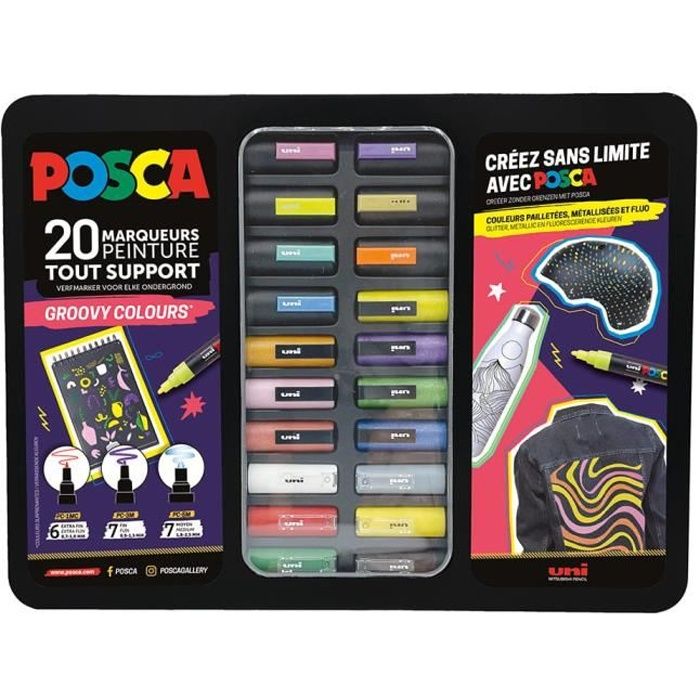 Mallette métal de 20 marqueurs POSCA Groovy Colours