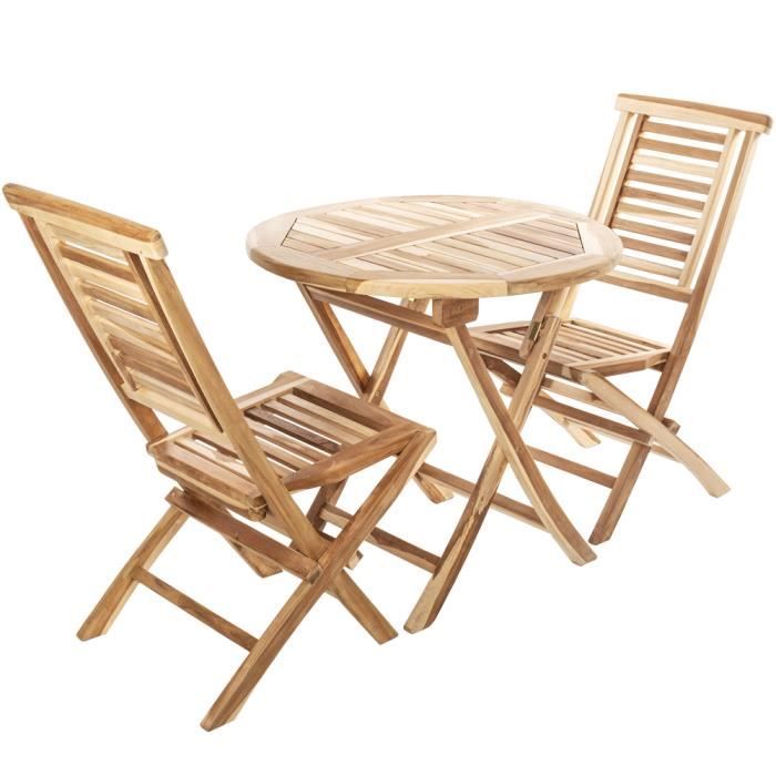 PrimeMatik Table ronde 80 cm et 2 chaises pour jardin d'extérieur en bois de teck certifié