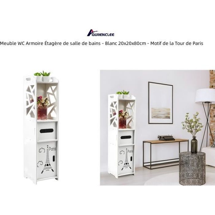 Meuble WC Armoire Étagère de salle de bains - QUIIENCLEE - Blanc - Tour de Paris - 20x20x80cm