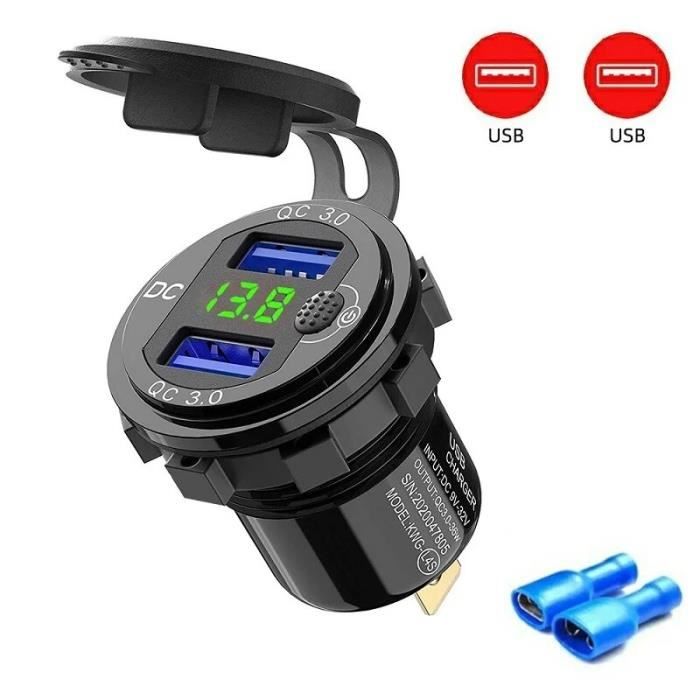 FanPaYY Panneau Prise Chargeur Voiture 4 En 1 - USB Double, Voltmètre, Allume-Cigare, Interrupteur Lumineux 12-24V