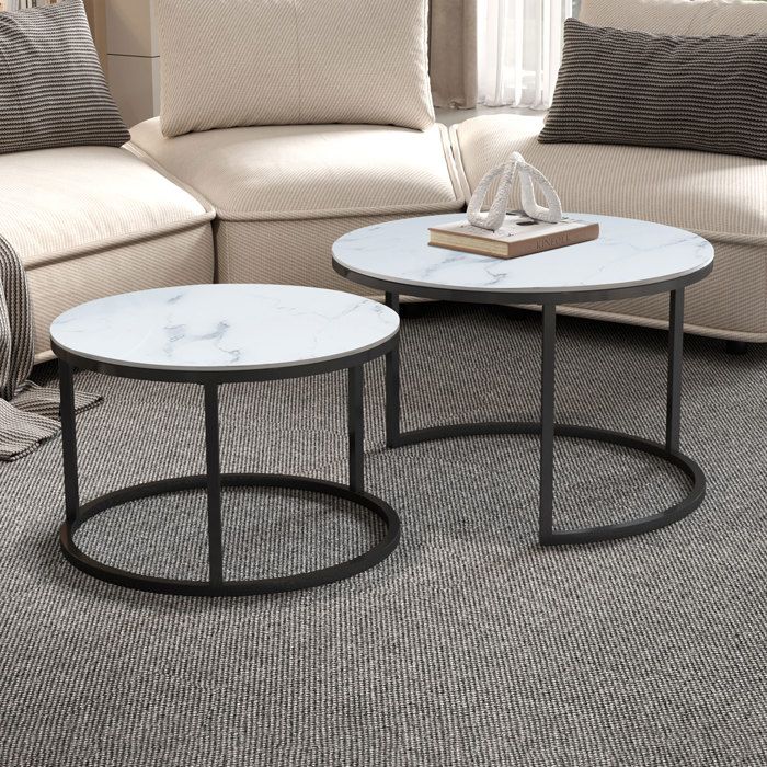 Lot de 2 tables gigognes 80 et 60 cm en verre effet marbre blanc