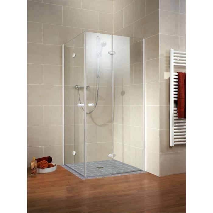 Paroi de douche accès dangle 90x190 cm portes de douche pivotantes-pliantes verre transparent profilés blancs Schulte