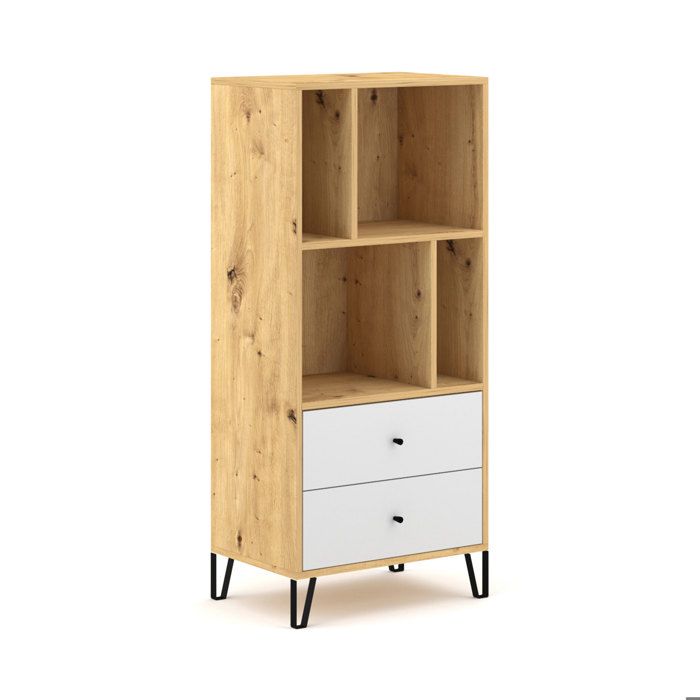 Bibliothèque 2 tiroirs 135 2 cm décor chêne et blanc - BLIBZ