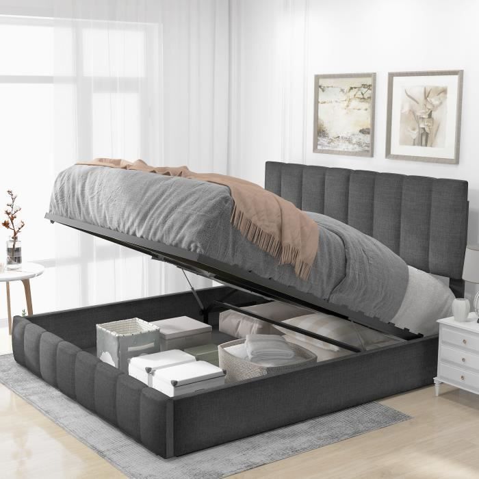 Cadre de lit avec éclairage LED et 4 tiroirs, lit double rembourré 140x200cm, tête de lit