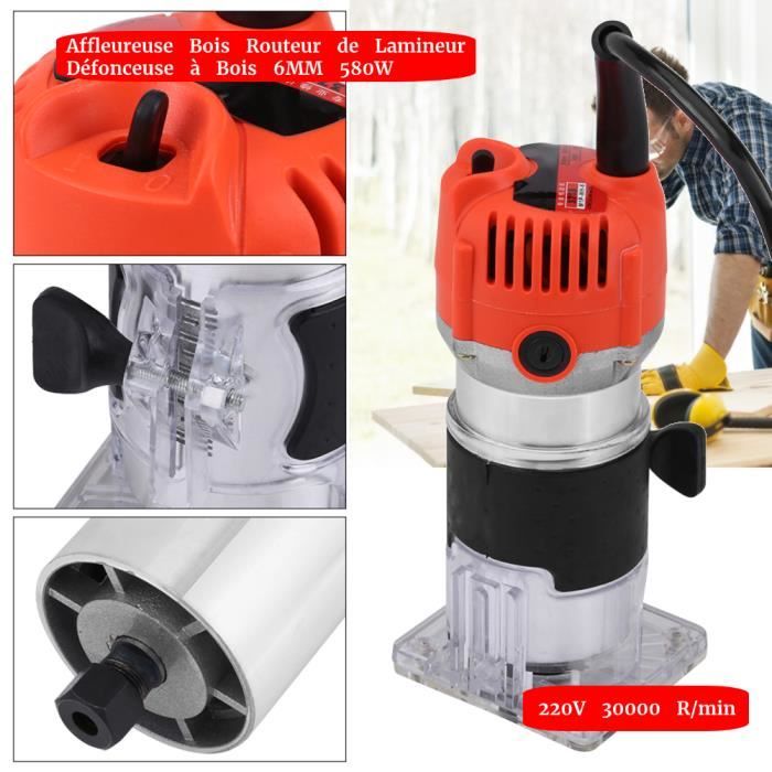 JIN Affleureuse Défonceuse, 580W Trimmer Routeur électrique 30000r-min pour  le Travail du Bois avec Transparent Guide