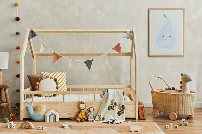 Lit Enfant Maison En Bois Massif - Style Scandinave Montessori 80x160 Cm - Sécurité Bords Arrondis, Résistance 120 Kg - Gris