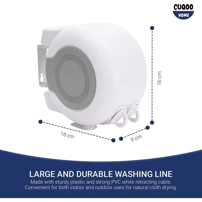 Enrouleur de corde à linge rétractable de 30 m en blanc Corde à linge robuste avec double