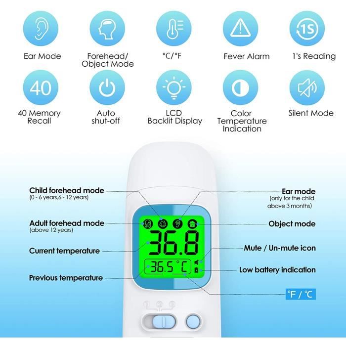KKmier Thermometre Frontal Infrarouge sans Contact avec Affichage à LCD,  Bébé Enfant Adulte, Thermometre Médical avec Lecteur Rapide 99 Données  Enregistrées : : Hygiène et Santé