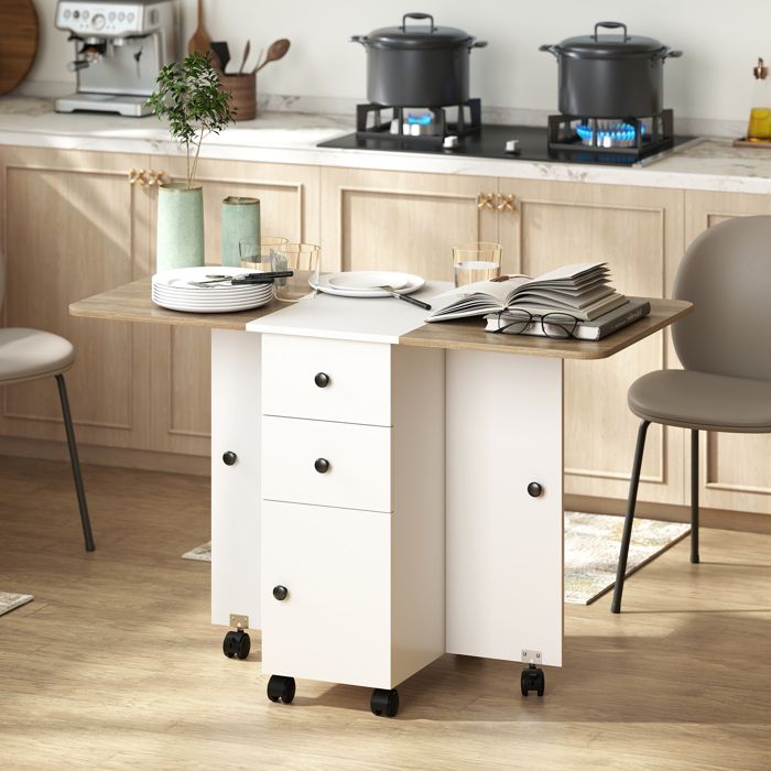 Table à Manger Pliante HOMCOM Avec Rangement - 2 Abattants, 6 Places, 2 Tiroirs, 2 Placards, Roulettes - 140x76x74 Cm (Blanc/Bois) - 10